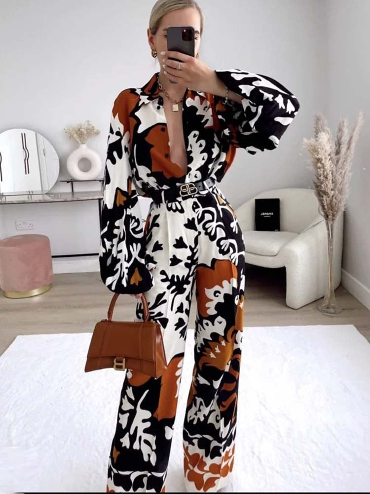 Woman Pieces Fashion Printed Shirt Casual Long Sleeve Top Women Pants Sets Ladies Suit