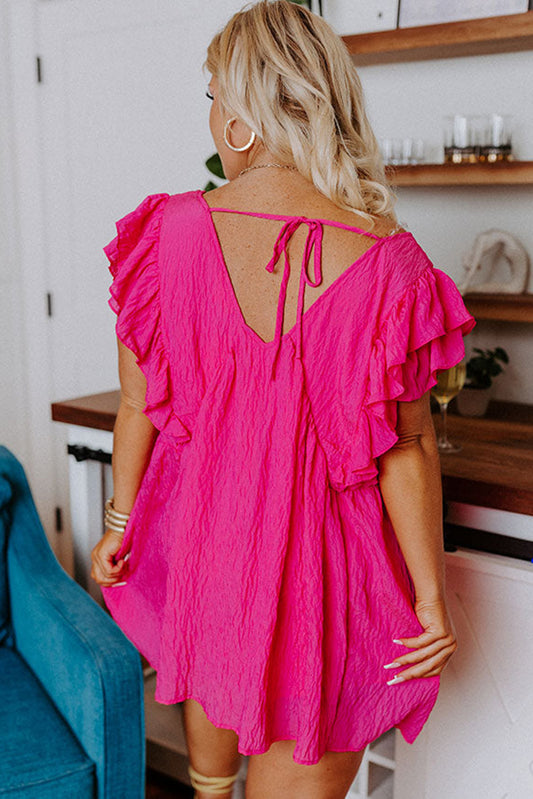 Pink Plus Size Ruffle V Neck Tie Back Tunic Top - Nueva Moda Boutique By Giselly