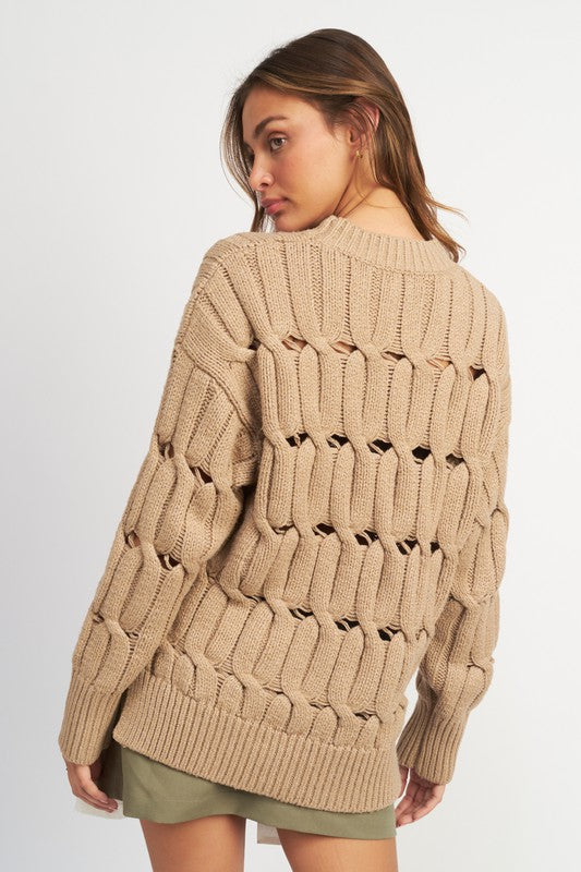 OPEN KNIT SWEATER WITH SLITS - Nueva Moda Boutique By Giselly