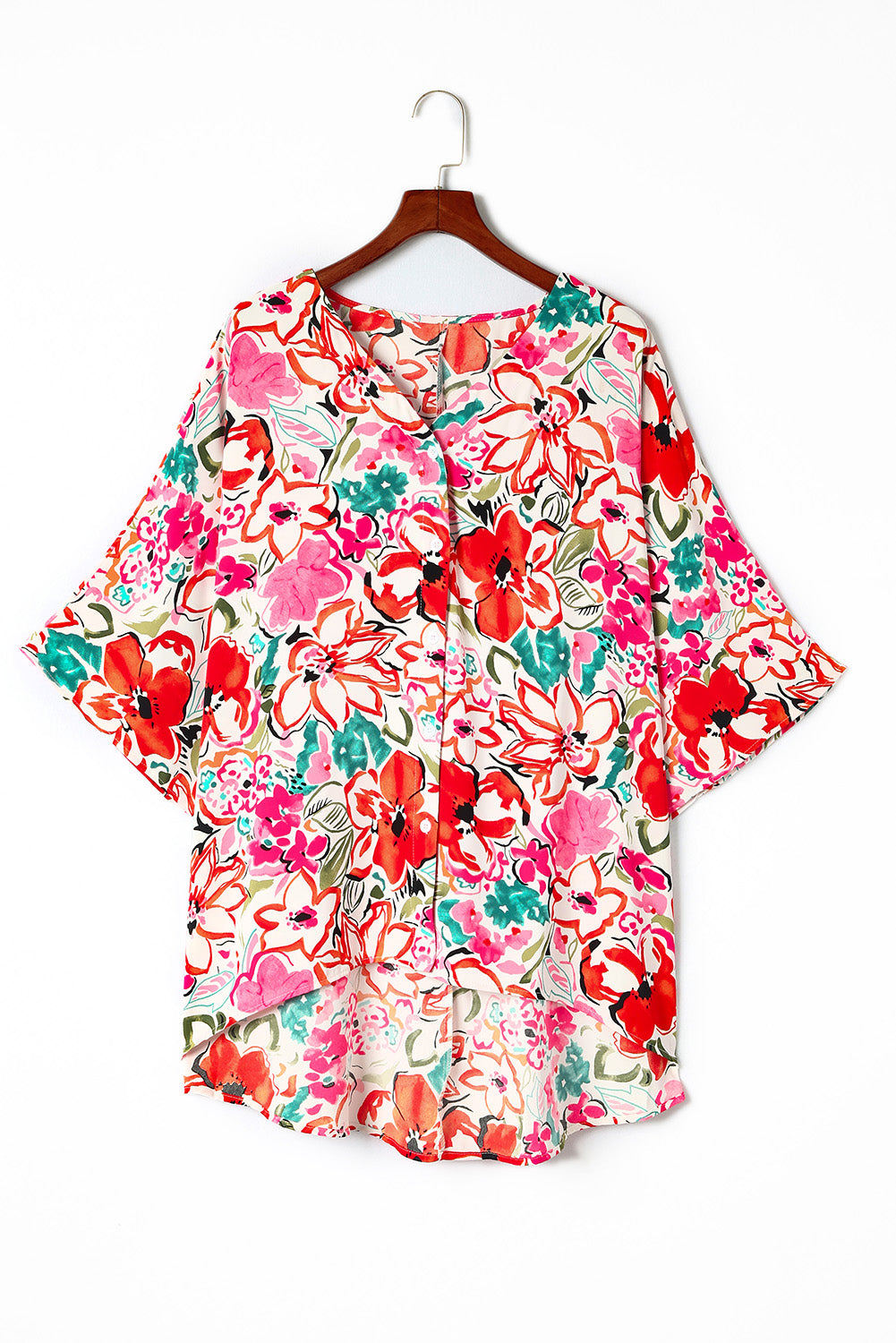 Rose Plus Size Floral Print Boho Kimono Sleeve Shirt - Nueva Moda Boutique By Giselly