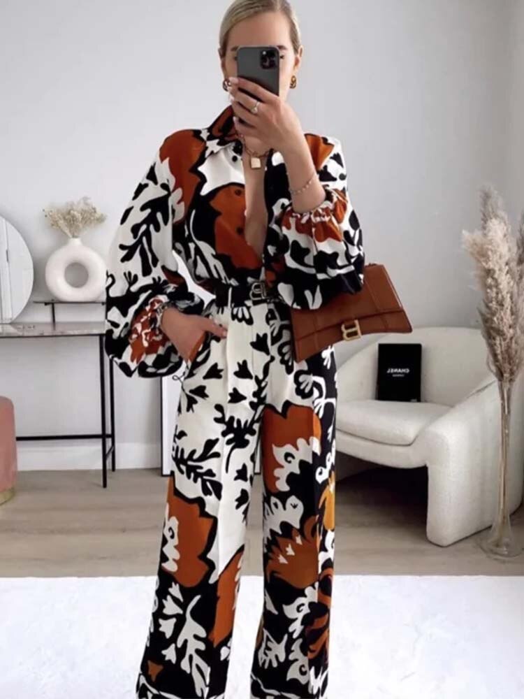 Woman Pieces Fashion Printed Shirt Casual Long Sleeve Top Women Pants Sets Ladies Suit