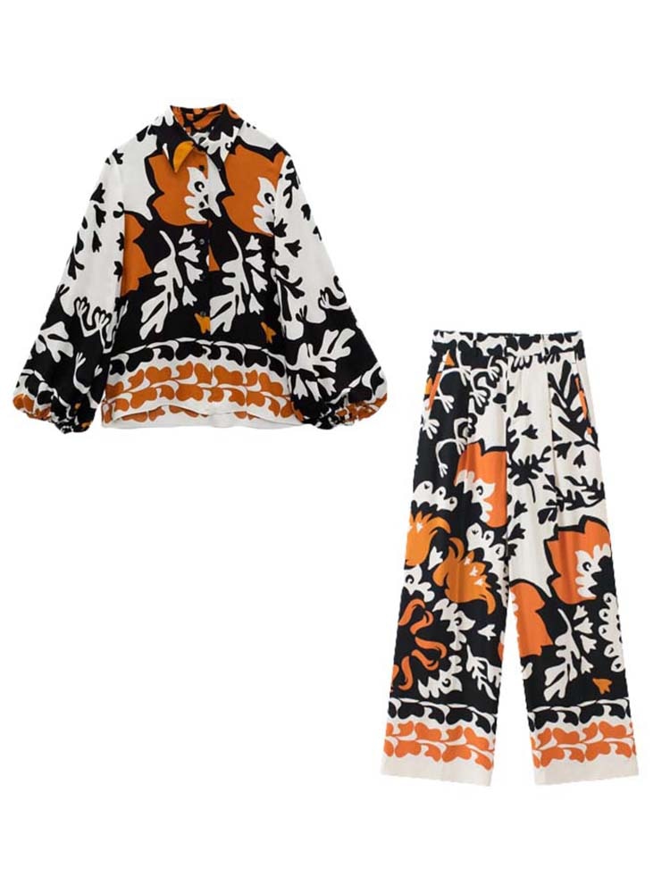 Woman Pieces Fashion Printed Shirt Casual Long Sleeve Top Women Pants Sets Ladies Suit