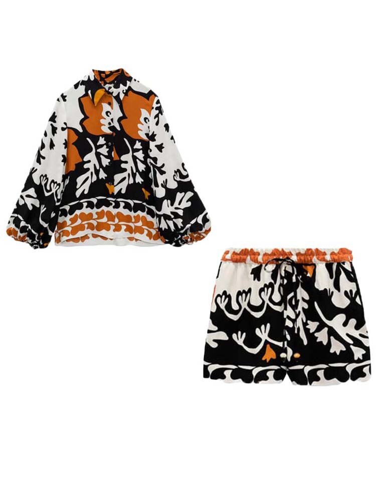 Woman Pieces Fashion Printed Shirt Casual Long Sleeve Top Women Pants Sets Ladies Suit