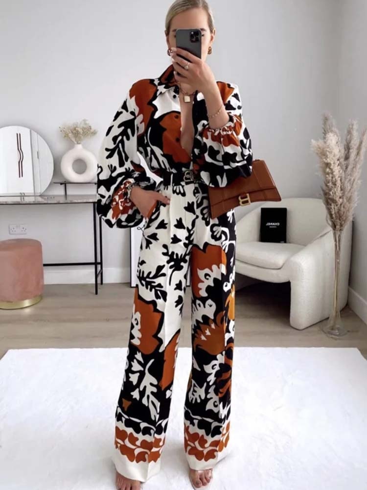Woman Pieces Fashion Printed Shirt Casual Long Sleeve Top Women Pants Sets Ladies Suit