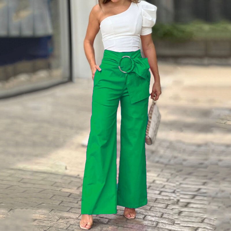 Women's Pants Women Evening Dress Traf Casual Fashion Solid Lace Up Loose Official Clothing Color-Block Wide Leg Trousers