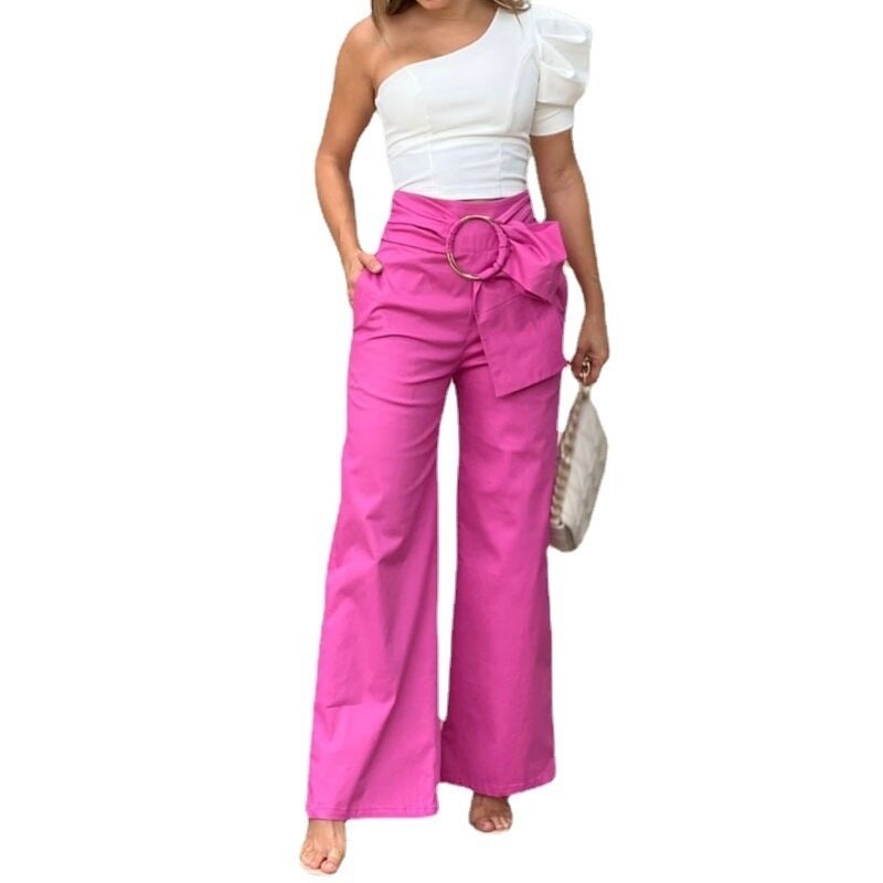 Women's Pants Women Evening Dress Traf Casual Fashion Solid Lace Up Loose Official Clothing Color-Block Wide Leg Trousers