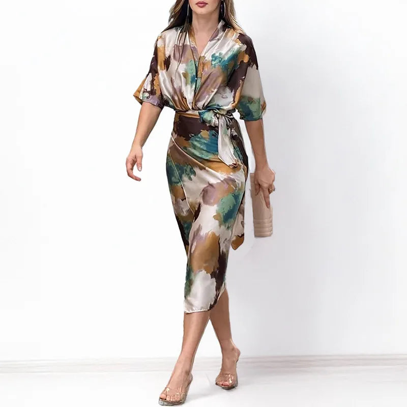 Women's Maxi Dress Summer Casual Office Solid Short Sleeve V Neck Wais