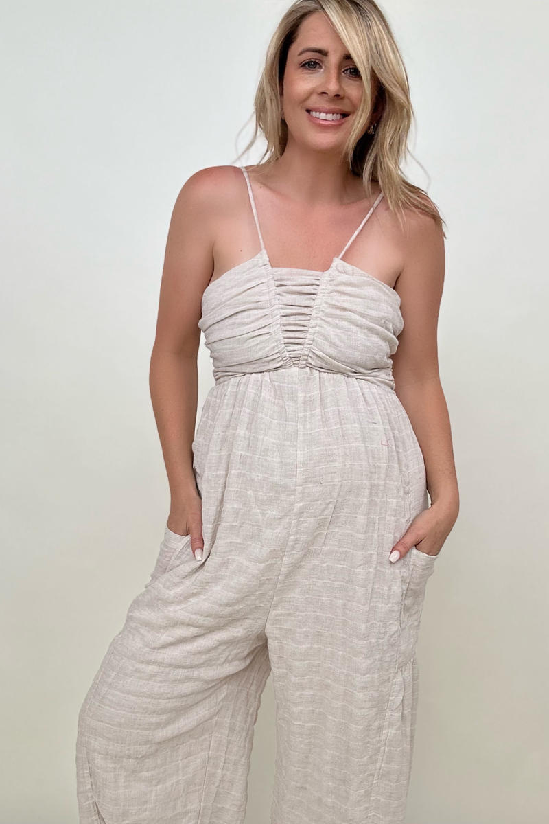 White Birch Sleeveless Halter Tie Back Woven Jumpsuit - Nueva Moda Boutique By Giselly