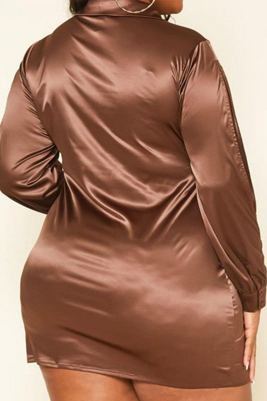 Plus Size Long Sleeve Collar Satin Mini Dress - Nueva Moda Boutique By Giselly