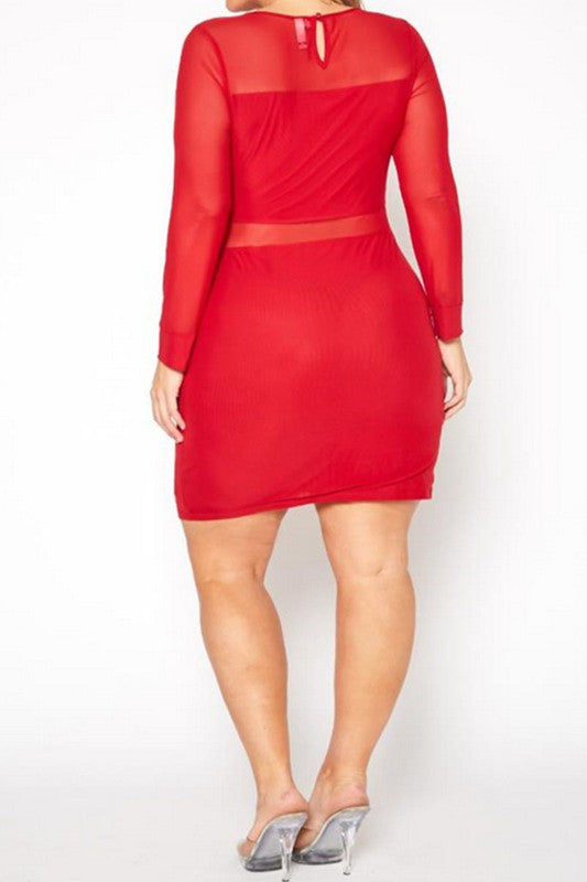 Plus Size Mesh Contrast Long Sleeve Mini Dress - Nueva Moda Boutique By Giselly