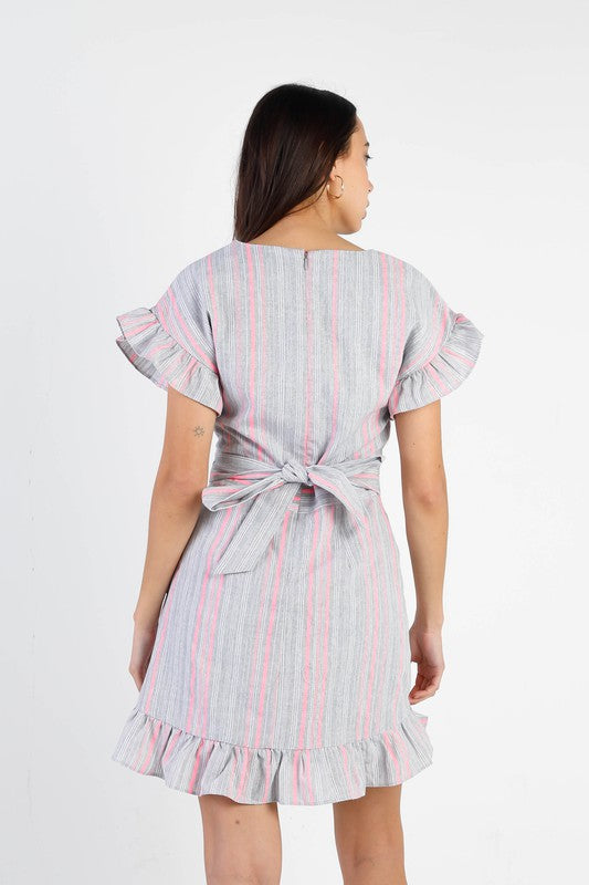Stripped Ruffle Sleeve Asymmetrical Hem Mini Dress - Nueva Moda Boutique By Giselly