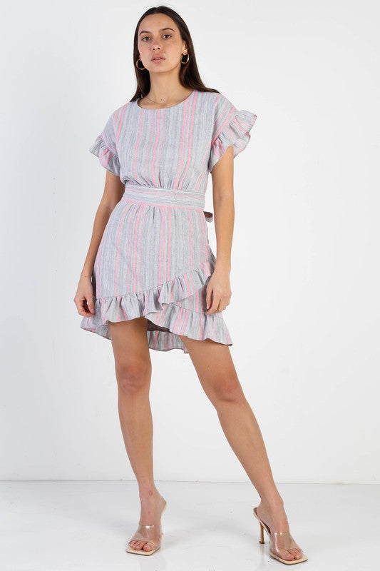 Stripped Ruffle Sleeve Asymmetrical Hem Mini Dress - Nueva Moda Boutique By Giselly