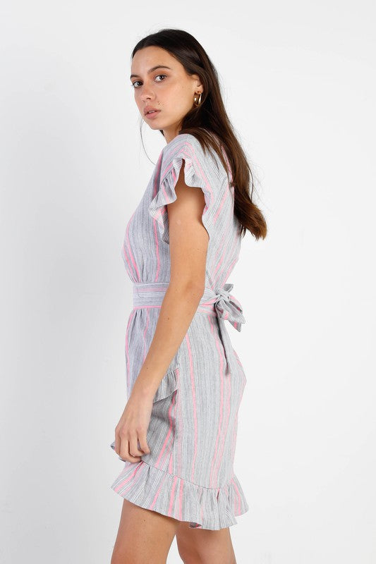 Stripped Ruffle Sleeve Asymmetrical Hem Mini Dress - Nueva Moda Boutique By Giselly