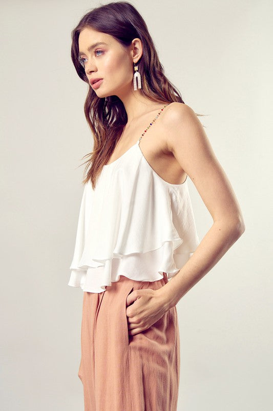 BEADED SHOULDER STRAP CAMI TOP - Nueva Moda Boutique By Giselly