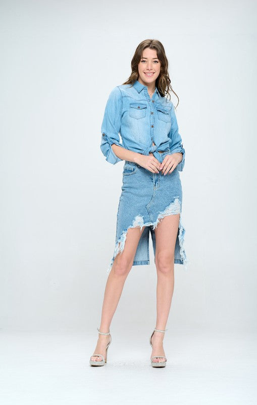 FRONT DESTROYED DENIM SKIRT - Nueva Moda Boutique By Giselly
