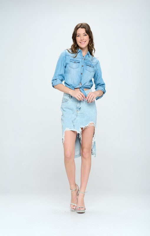 FRONT DESTROYED DENIM SKIRT - Nueva Moda Boutique By Giselly