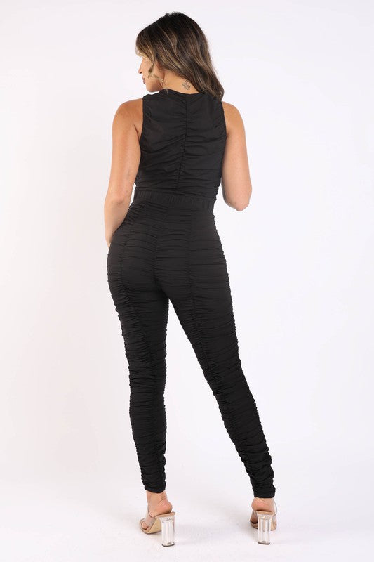 Track Zipper All Over Ruched Jumpsuit -  Nueva Moda Boutique By Giselly