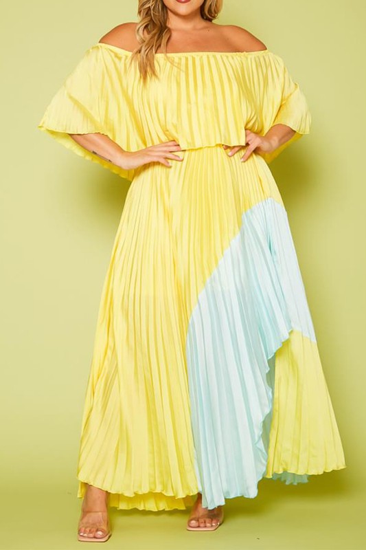 Plus Size Two Tone Pleated Asymmetrical Maxi Dress - Nueva Moda Boutique By Giselly