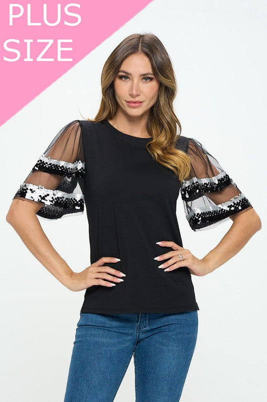 Sequenced Shiny Detail sleeve Shoulder cut top - Nueva Moda Boutique By Giselly