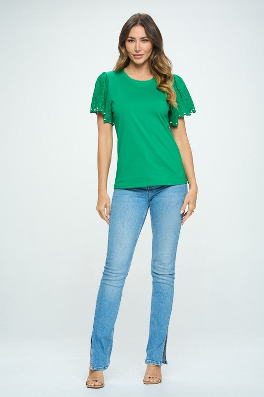 Crochet with Pearl Detail Sleeve Top - Nueva Moda Boutique By Giselly