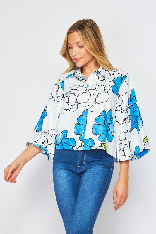 Women Woven Digital Floral Print 3/4 Bell Sleeve Button-Down Shirts: - Nueva Moda Boutique By Giselly