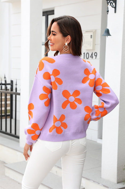 Floral Print Round Neck Dropped Shoulder Pullover Sweater - Nueva Moda Boutique By Giselly