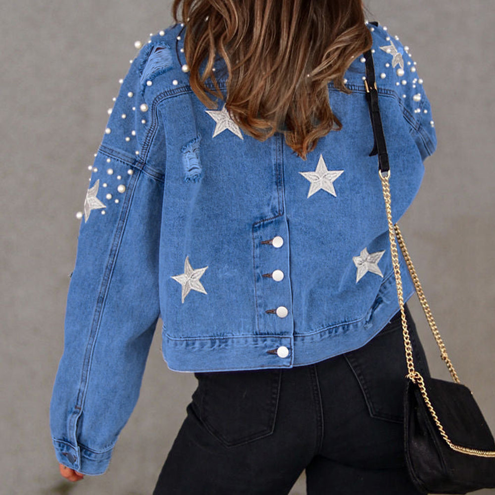 Bead Detail Denim Jacket - Nueva Moda Boutique By Giselly