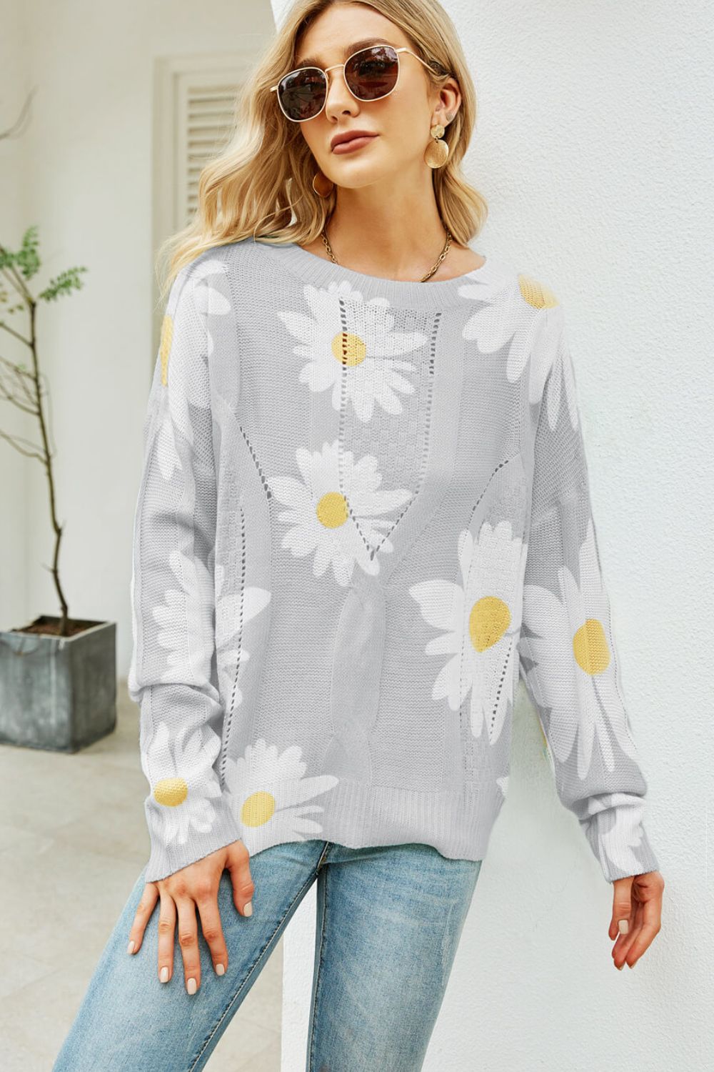 Daisy Print Openwork Round Neck Sweater - Nueva Moda Boutique By Giselly