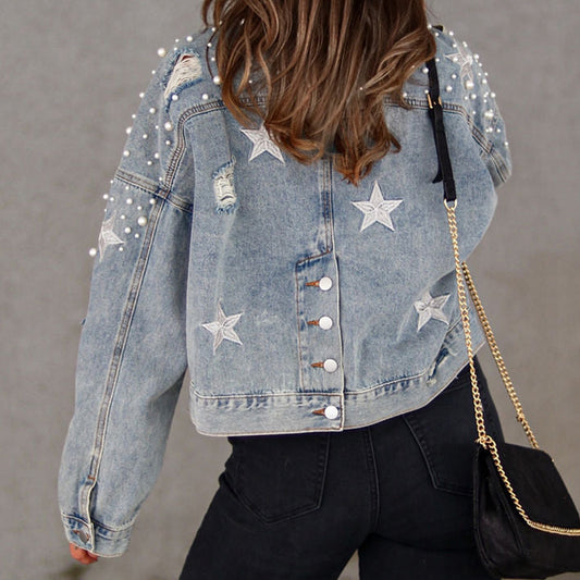Bead Detail Denim Jacket - Nueva Moda Boutique By Giselly
