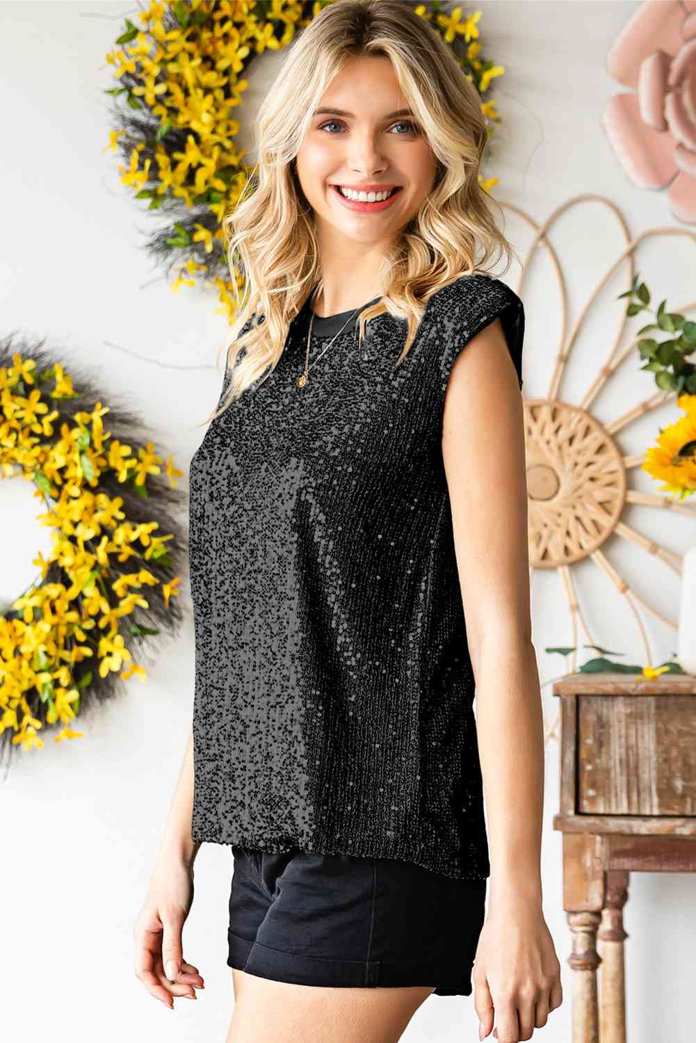 Sequin Round Neck Capped Sleeve Tank - Nueva Moda Boutique By Giselly