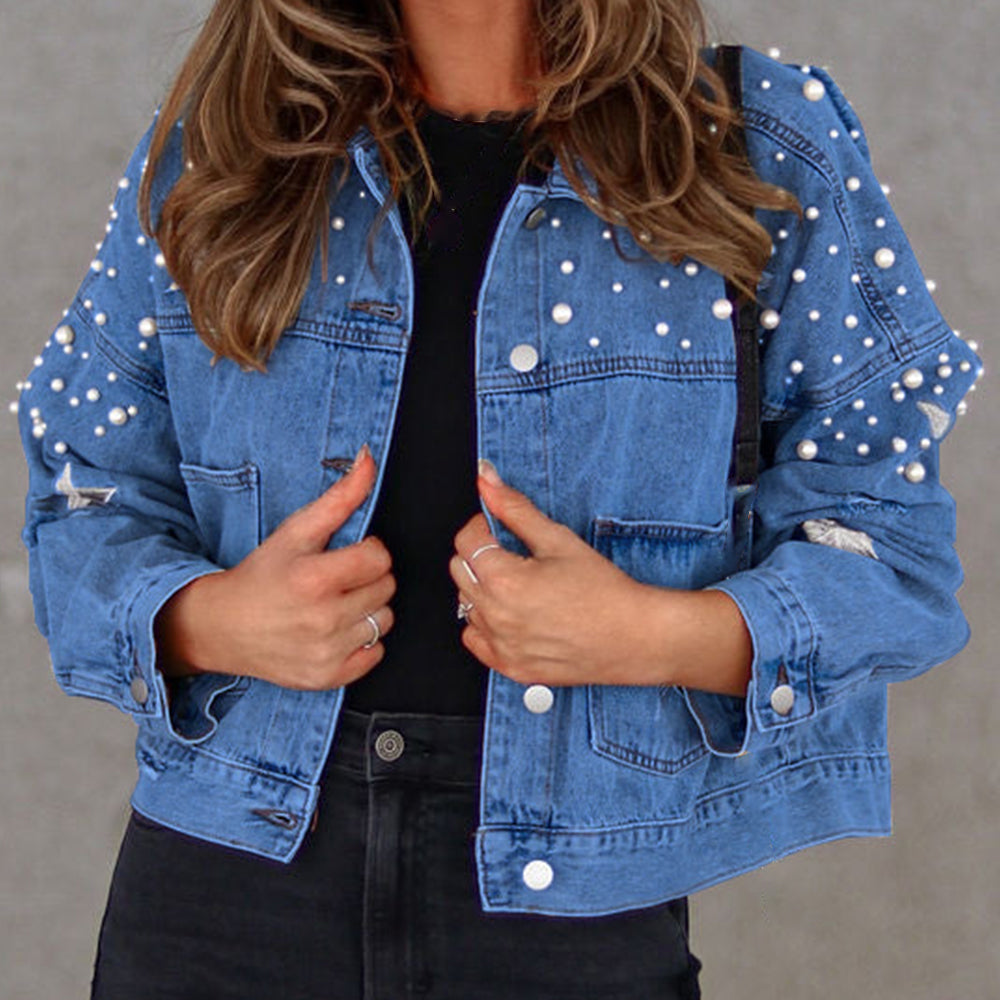 Bead Detail Denim Jacket - Nueva Moda Boutique By Giselly