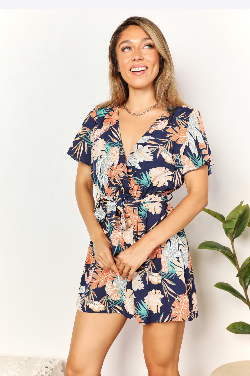 Double Take Botanical Print Surplice Neck Tie Waist Romper