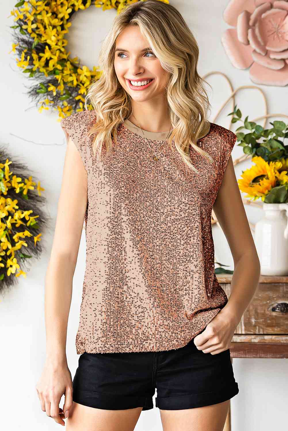 Sequin Round Neck Capped Sleeve Tank - Nueva Moda Boutique By Giselly