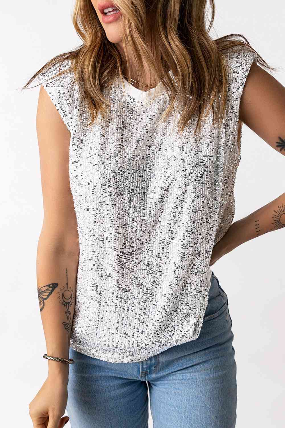 Sequin Round Neck Capped Sleeve Tank - Nueva Moda Boutique By Giselly