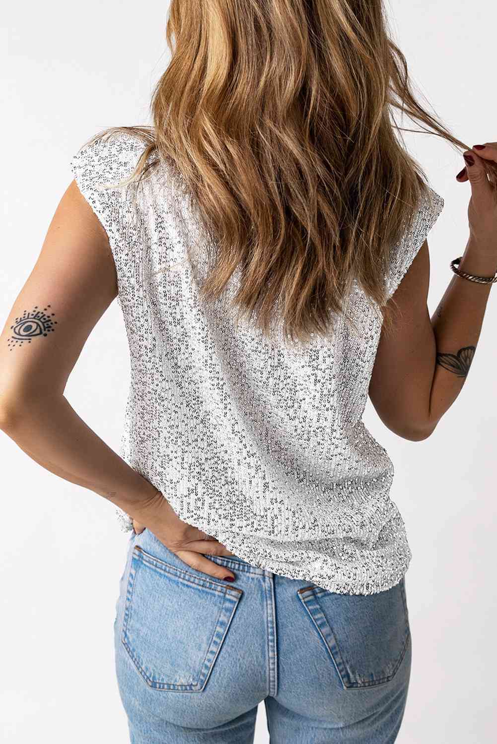 Sequin Round Neck Capped Sleeve Tank - Nueva Moda Boutique By Giselly