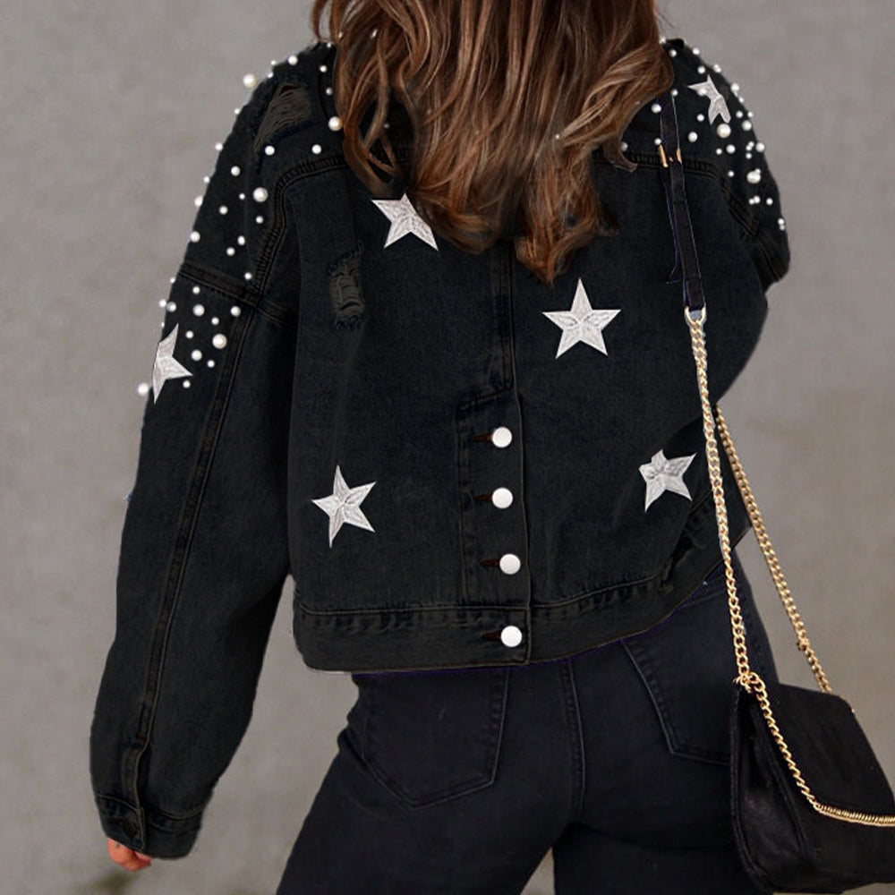 Bead Detail Denim Jacket - Nueva Moda Boutique By Giselly