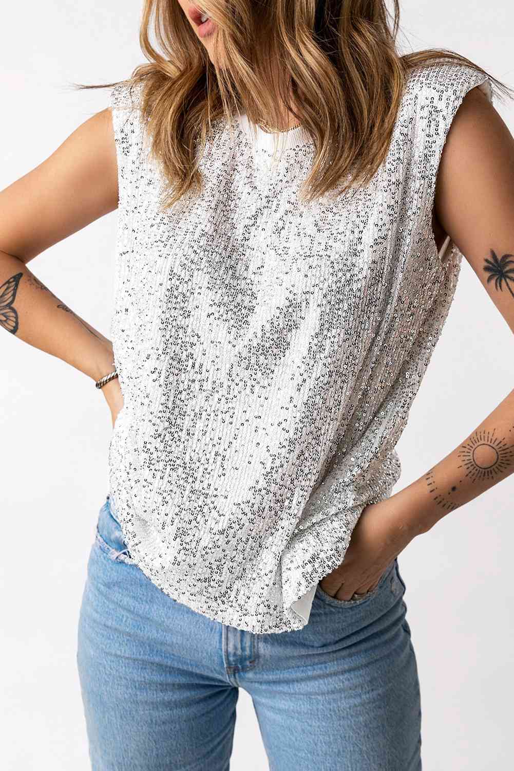 Sequin Round Neck Capped Sleeve Tank - Nueva Moda Boutique By Giselly