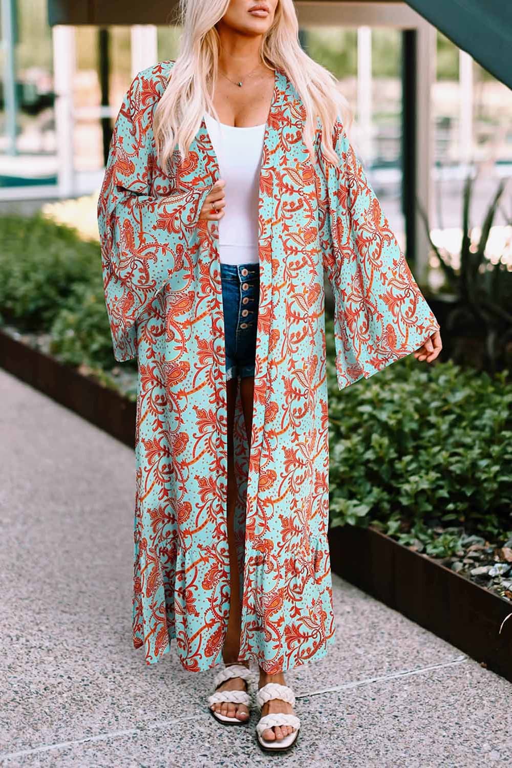Printed Open Front Duster Cardigan - Nueva Moda Boutique By Giselly