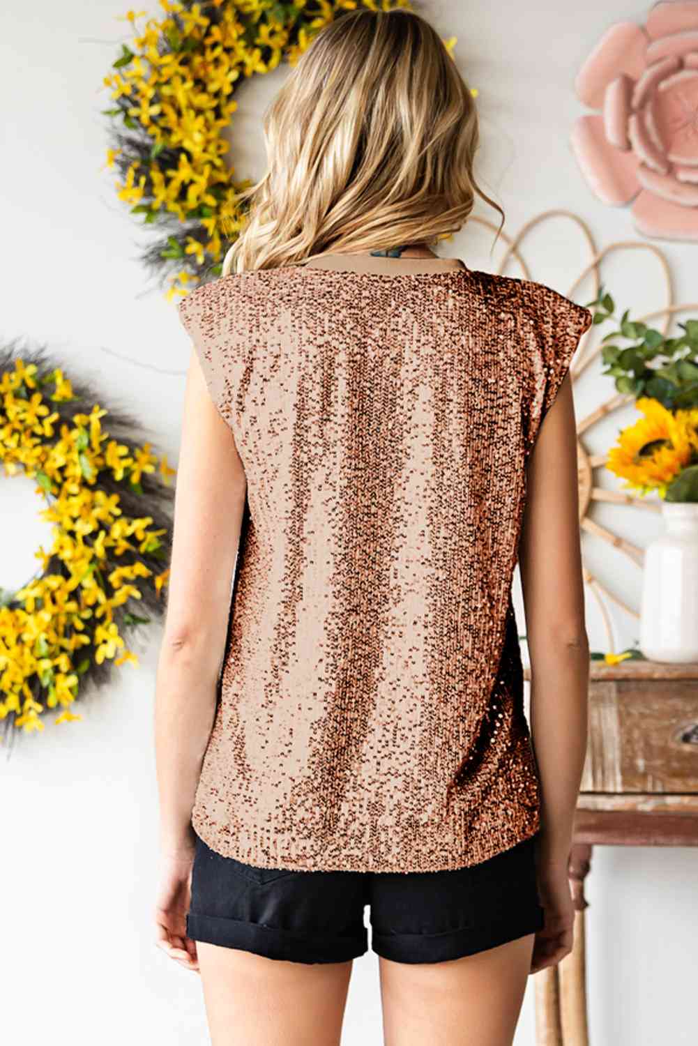 Sequin Round Neck Capped Sleeve Tank - Nueva Moda Boutique By Giselly