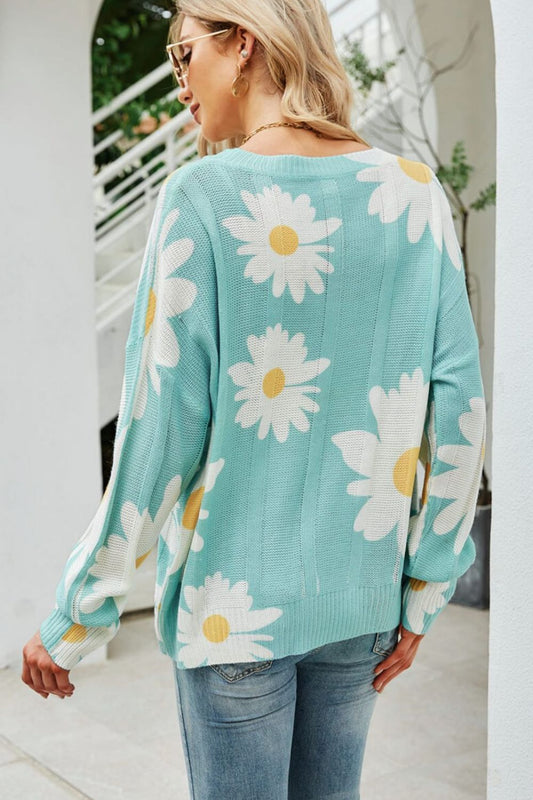 Daisy Print Openwork Round Neck Sweater - Nueva Moda Boutique By Giselly