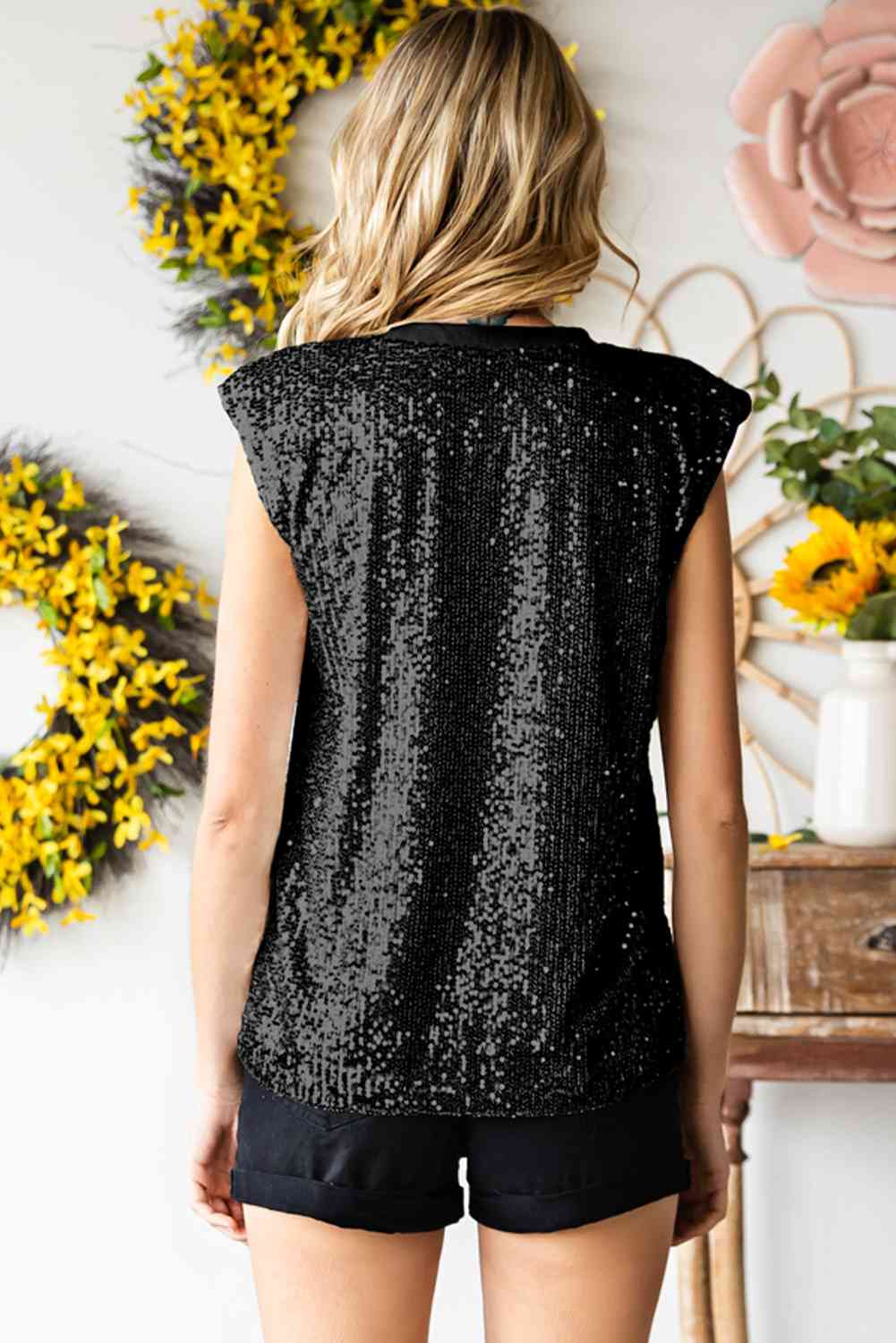 Sequin Round Neck Capped Sleeve Tank - Nueva Moda Boutique By Giselly
