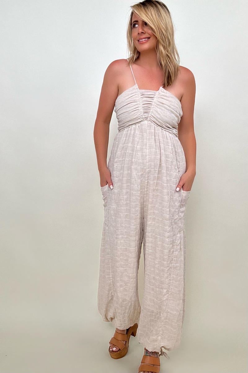 White Birch Sleeveless Halter Tie Back Woven Jumpsuit - Nueva Moda Boutique By Giselly