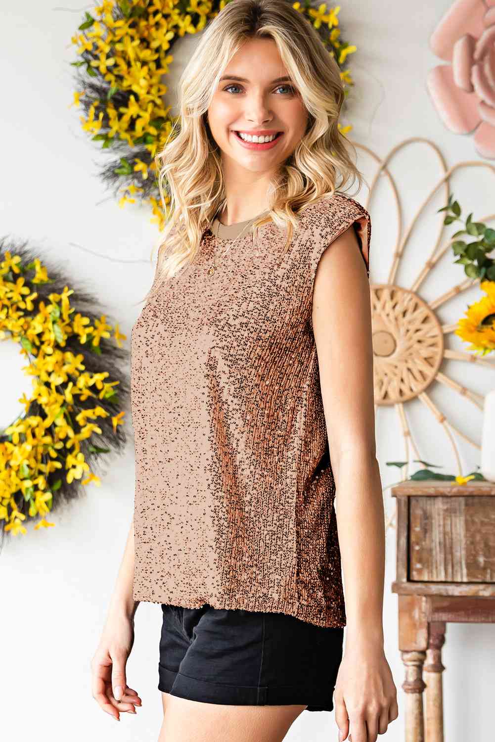 Sequin Round Neck Capped Sleeve Tank - Nueva Moda Boutique By Giselly