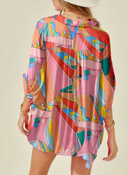 Printed Dolman Sleeve Collared Shirt - Nueva Moda Boutique By Giselly
