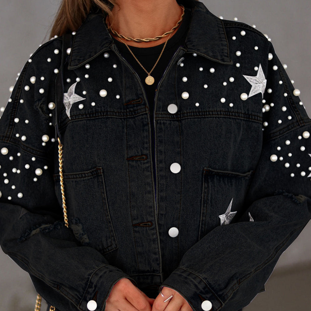 Bead Detail Denim Jacket - Nueva Moda Boutique By Giselly