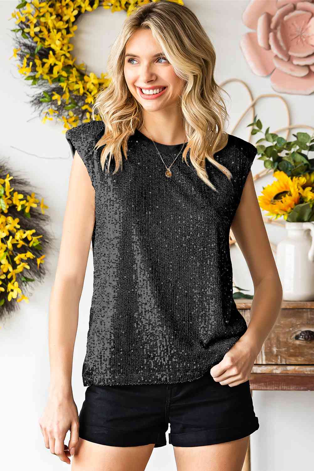 Sequin Round Neck Capped Sleeve Tank - Nueva Moda Boutique By Giselly