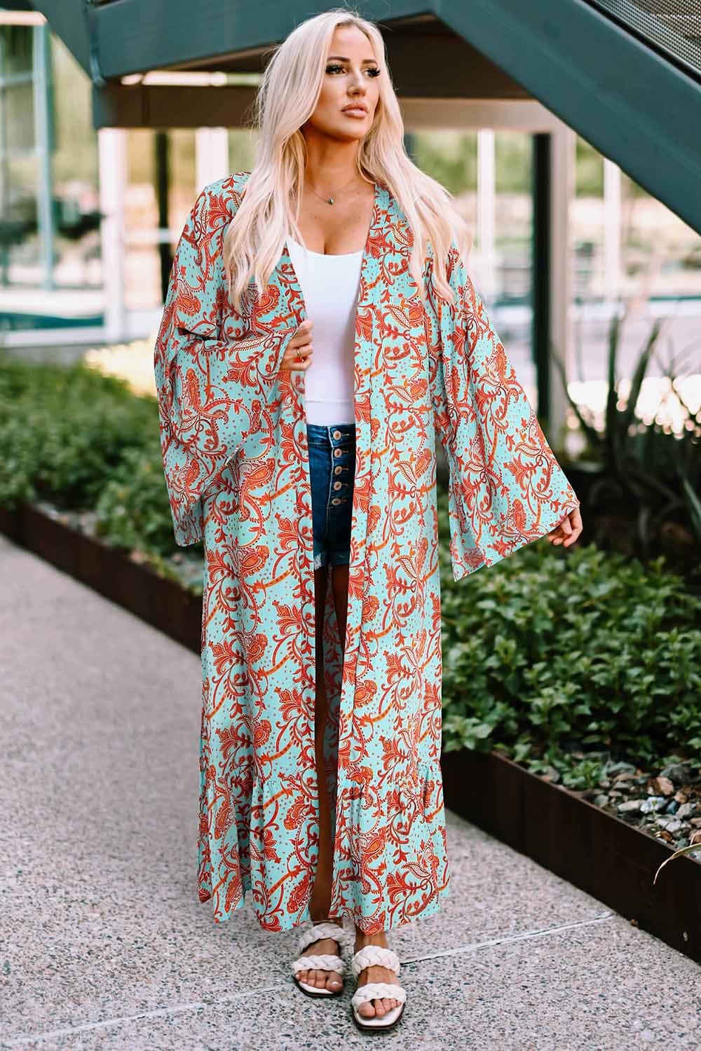 Printed Open Front Duster Cardigan - Nueva Moda Boutique By Giselly