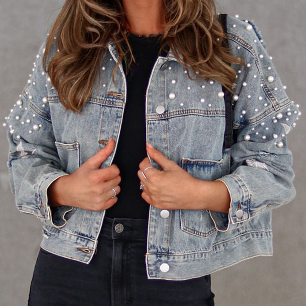 Bead Detail Denim Jacket - Nueva Moda Boutique By Giselly