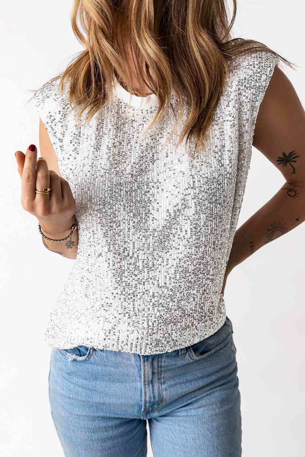 Sequin Round Neck Capped Sleeve Tank - Nueva Moda Boutique By Giselly
