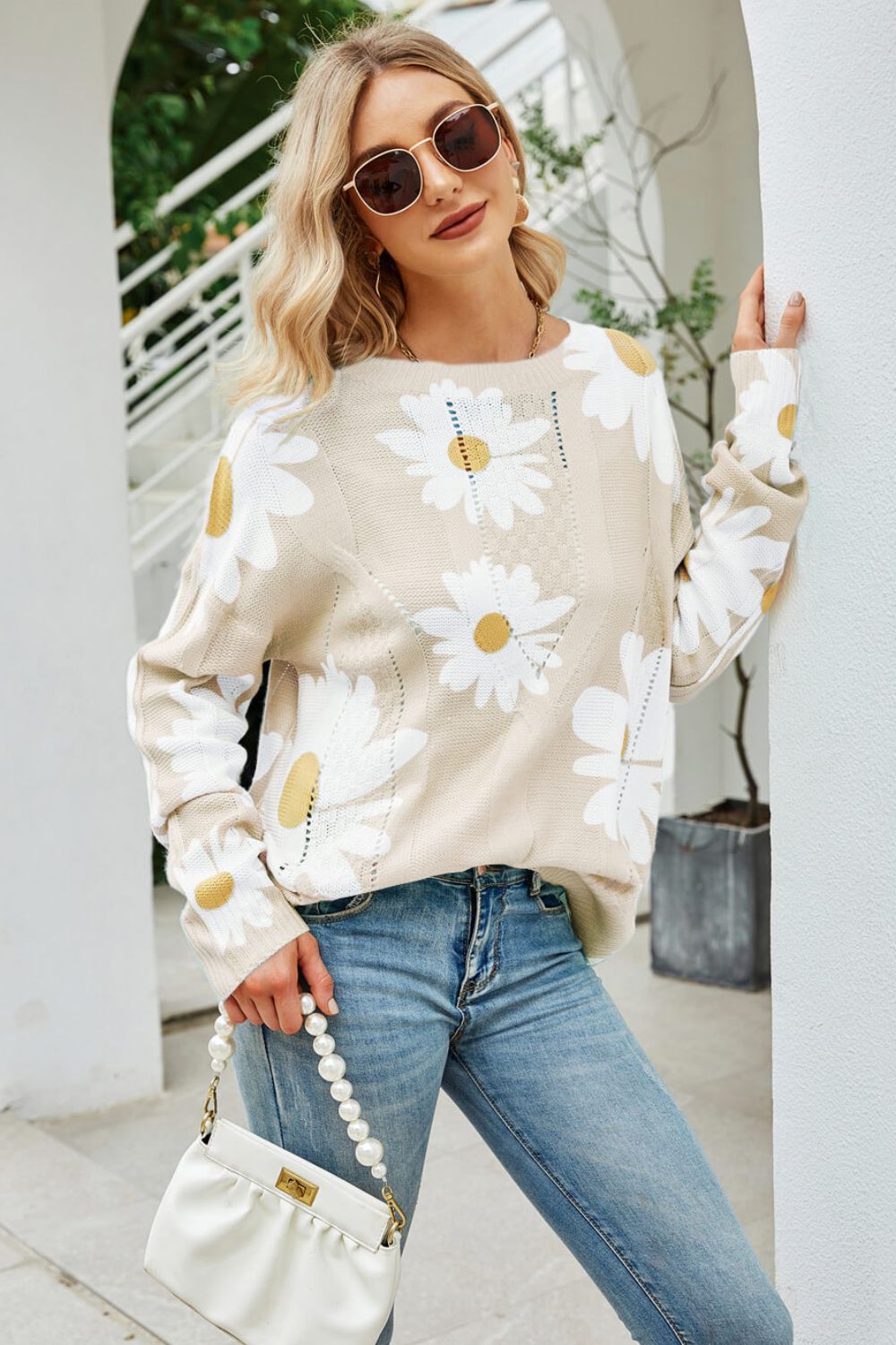 Daisy Print Openwork Round Neck Sweater - Nueva Moda Boutique By Giselly
